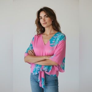 Adrienne blouse medium. Front tie v neck flowy sleeves pink and blue. Super cute